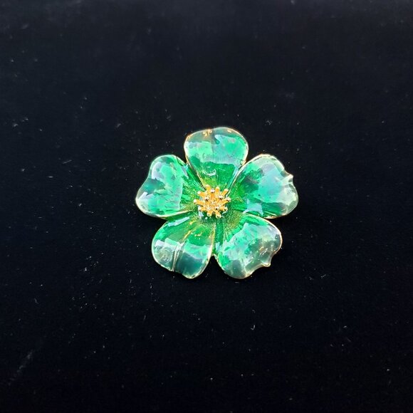 Vintage Enamel Five Leaf Clover Brooch Pin Green - Picture 3 of 10